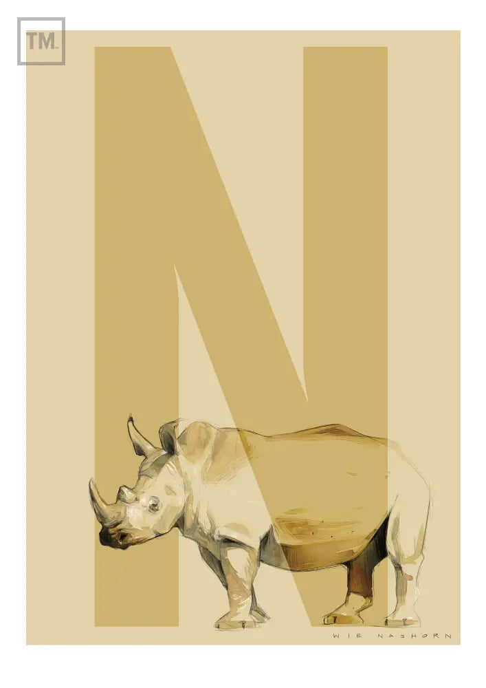 N wie Nashorn - Von Hand Illustriert gedruckt auf Premium Papier Matt Print Material